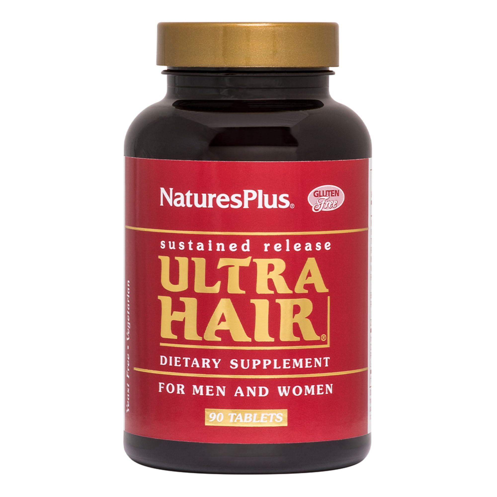 Bouteille NaturesPlus Ultra Hair montrant des comprimés pour cheveux sains et éclatants