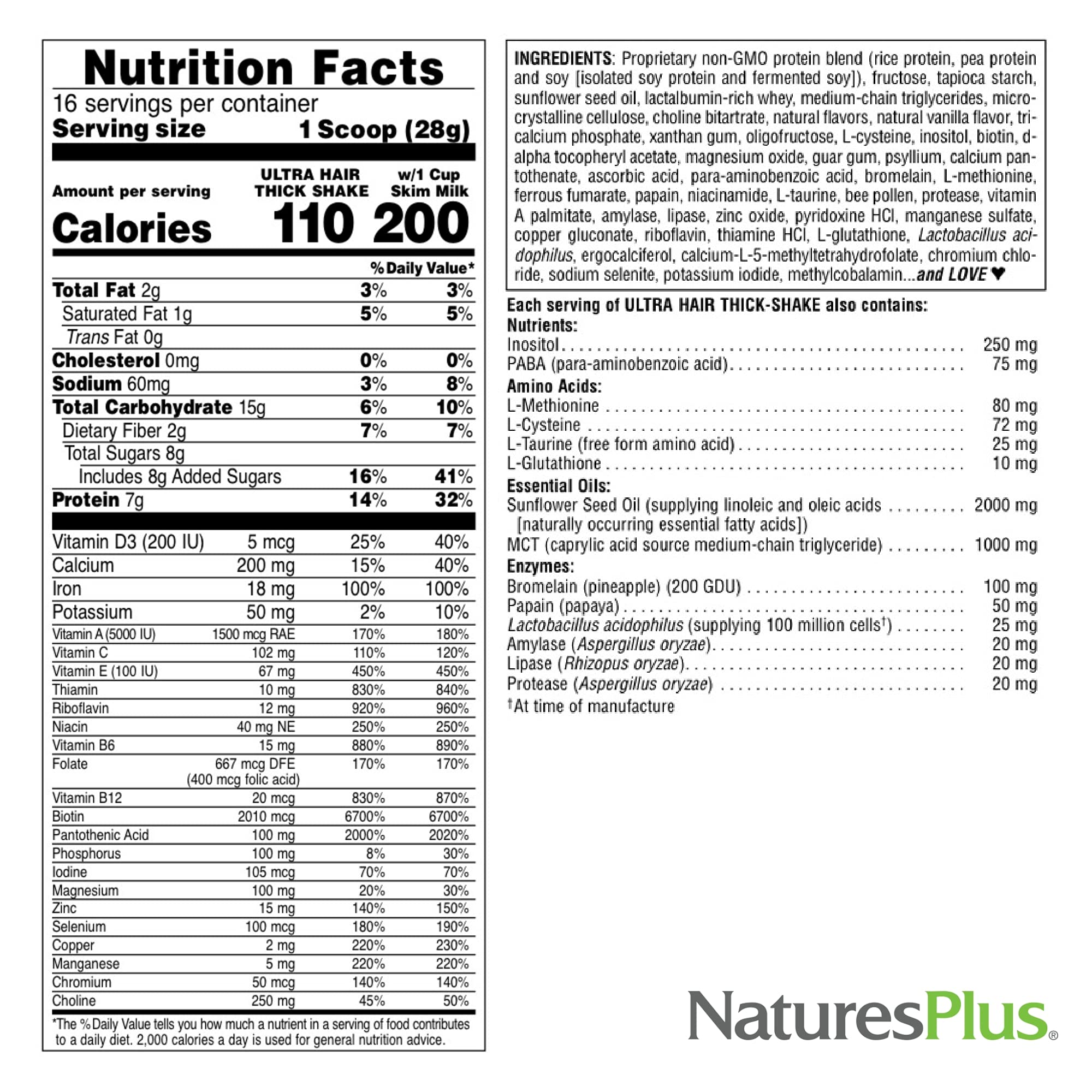 NaturesPlus Ultra Hair Thick Shake – étiquette claire, produit sans OGM et sans gluten