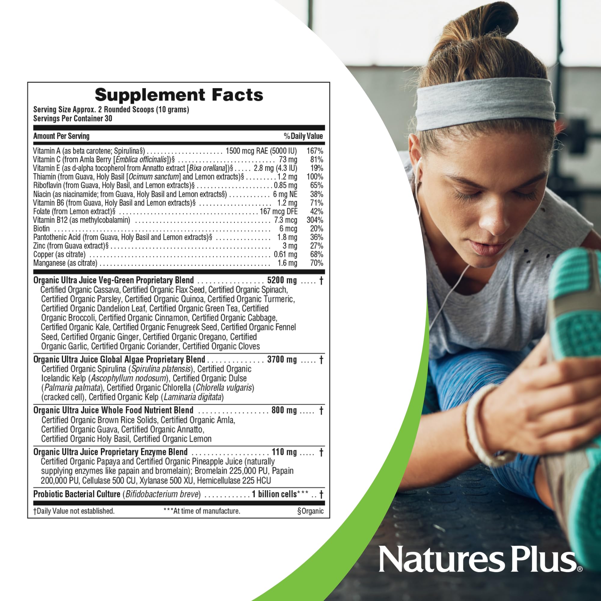 NaturesPlus Ultra Juice Green Drink, etiquette visible, option vegan et sans allergenes.