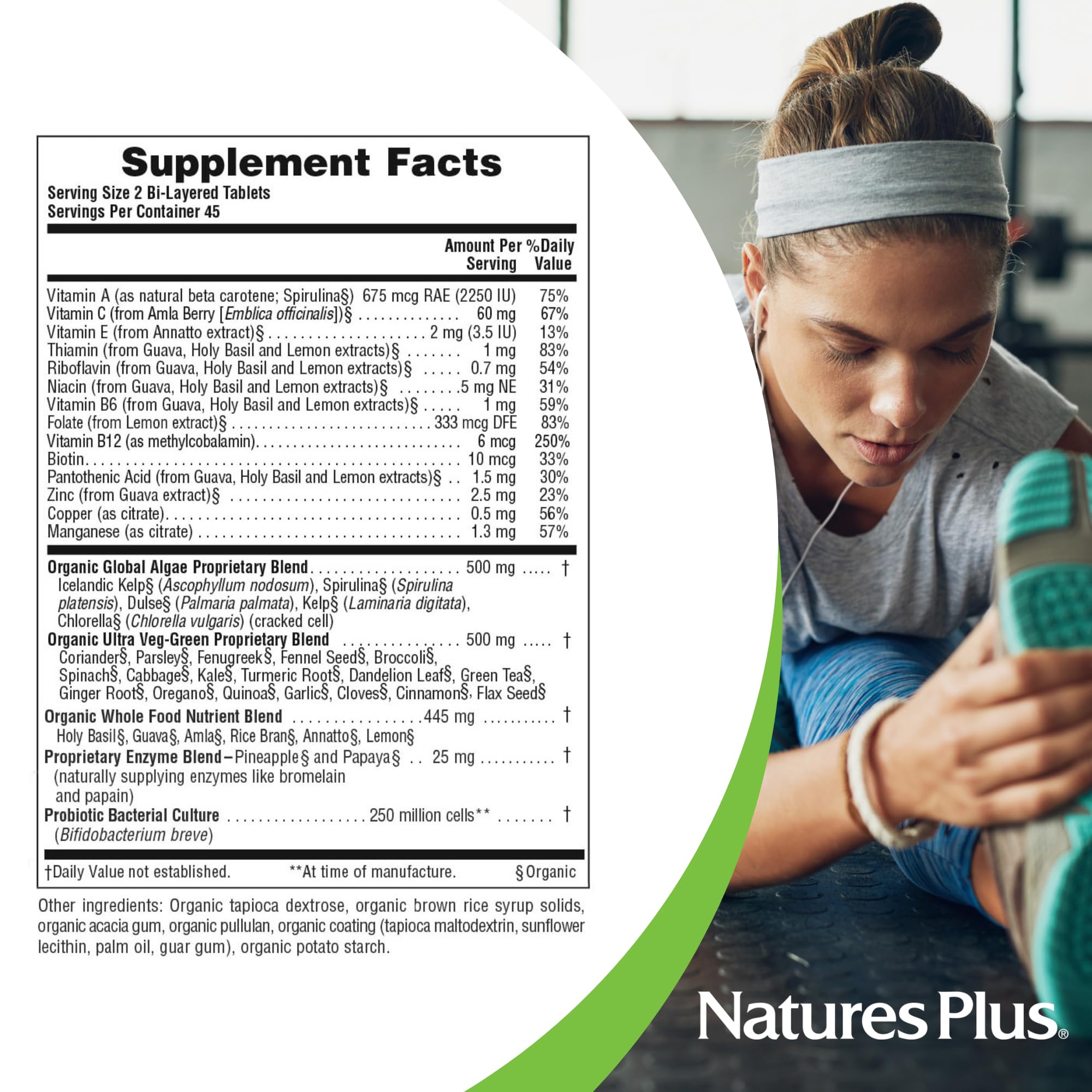 Étiquette NaturesPlus Ultra Juice Green, allergènes, végane et sans colorants.