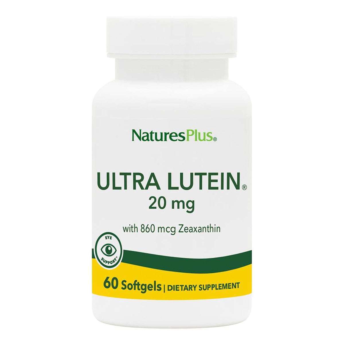 NaturesPlus Ultra Lutein 20 mg, bouteille, soutien potentiel pour les yeux et la peau.
