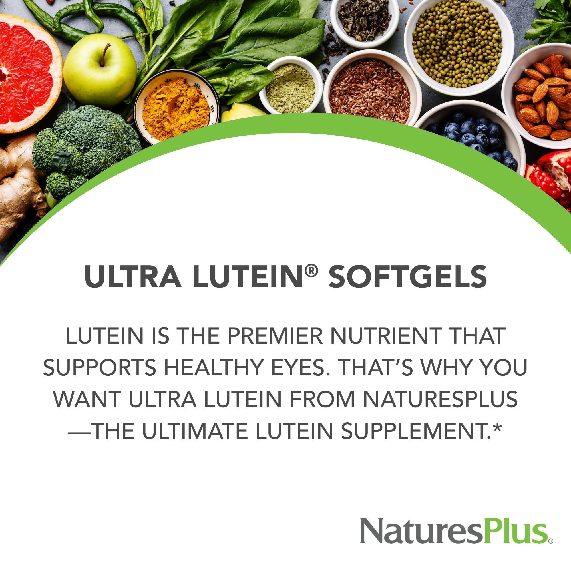 Étiquette NaturesPlus Ultra Lutein 20 mg, indiquant le dosage et les composants.
