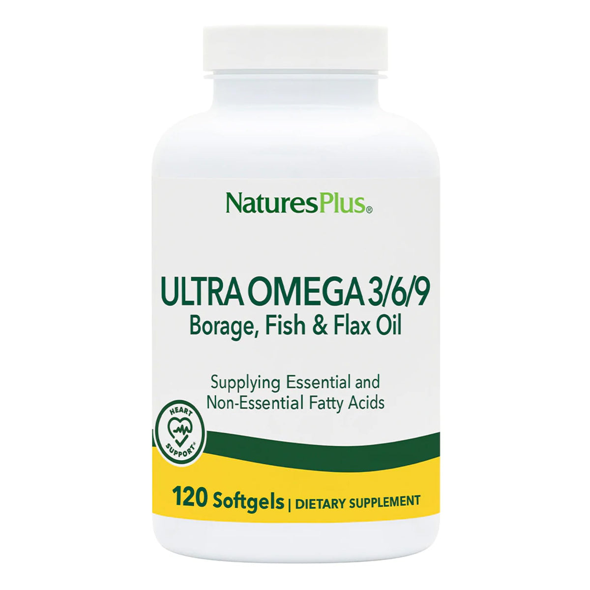 NaturesPlus Ultra Omega 3 6 9: bouteille et etiquette visibles pour une routine santé
