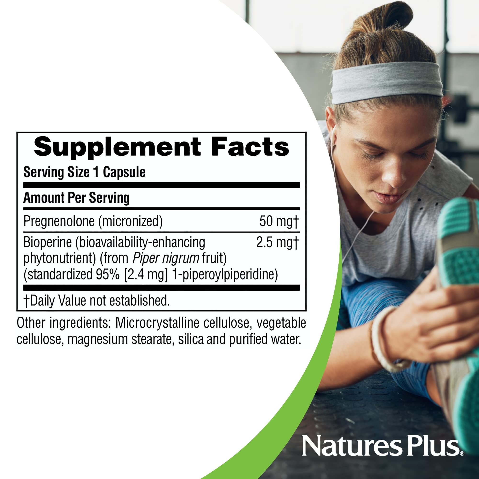 Capsule NaturesPlus Ultra Pregnenolone en gros plan sur la dose 50 mg.