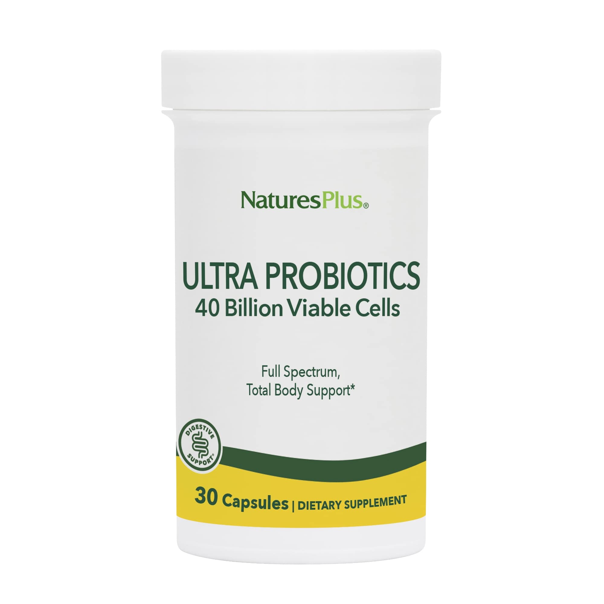 NaturesPlus Ultra Probiotics, bouteille visible, soutien digestif potentiel.