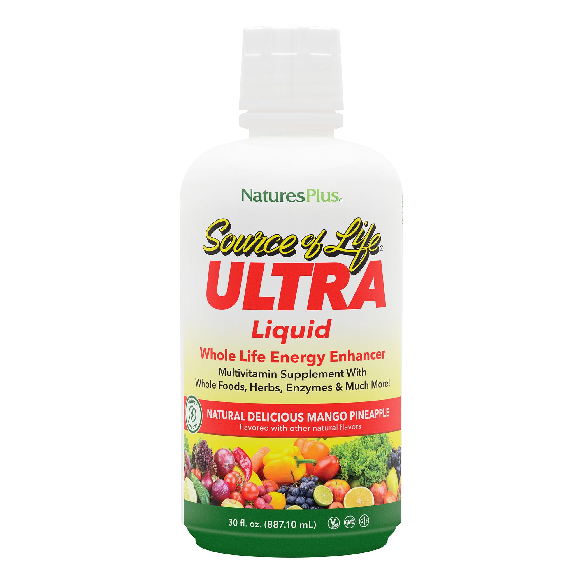 NaturesPlus Ultra Source de Vie Liquide, bouteille mangue-ananas, goût tropical et nutriments.