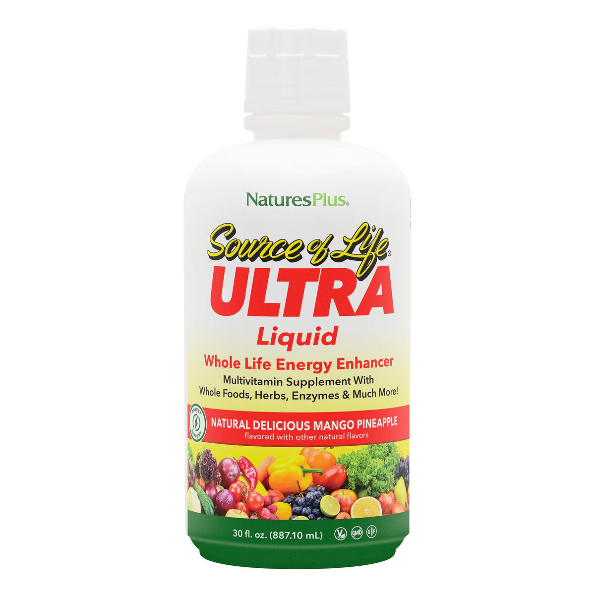 NaturesPlus Ultra Source de Vie Liquide, bouteille mangue-ananas, goût tropical et nutriments.