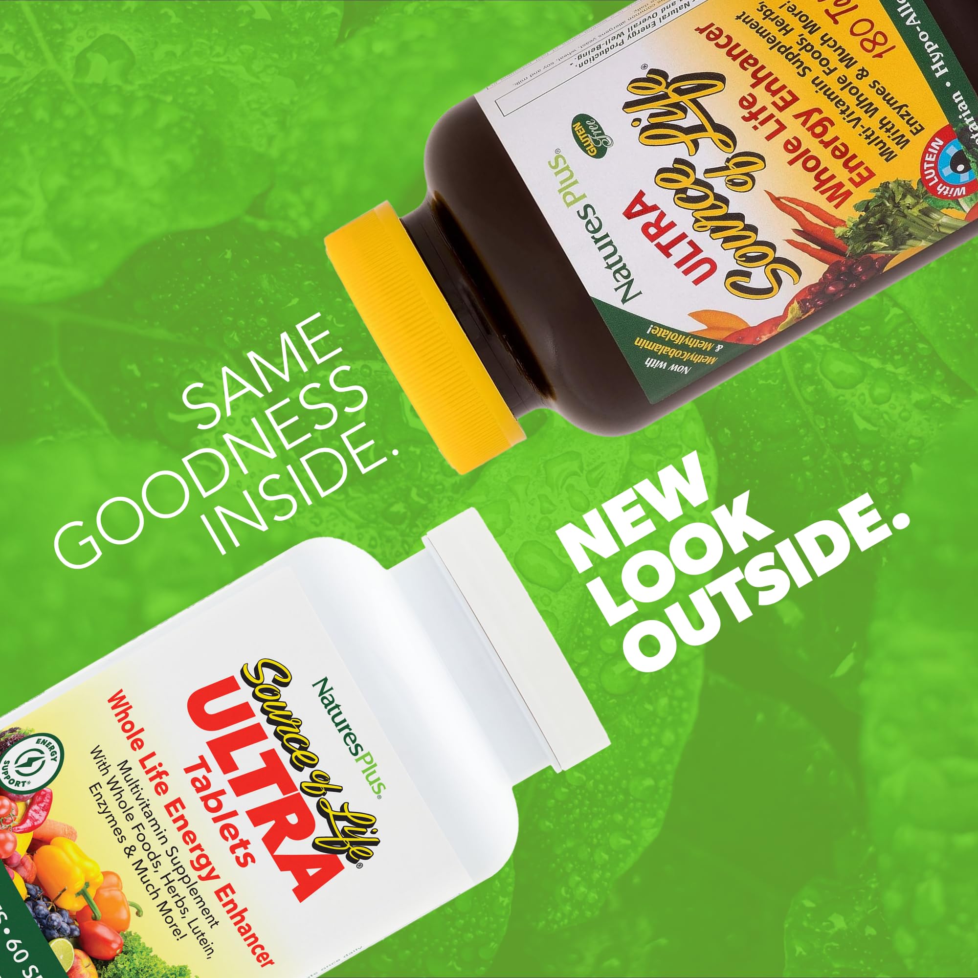 NaturesPlus Ultra Source de Vie Multivitamine, bouteille ouverte, utilisation quotidienne pratique.