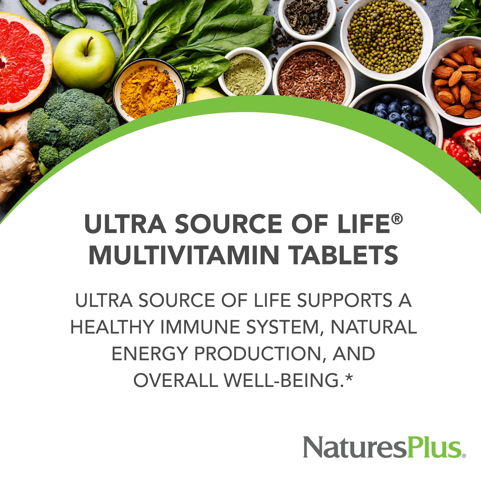 NaturesPlus Ultra Source de Vie Multivitamine, dose par portion affichée, trois comprimés.