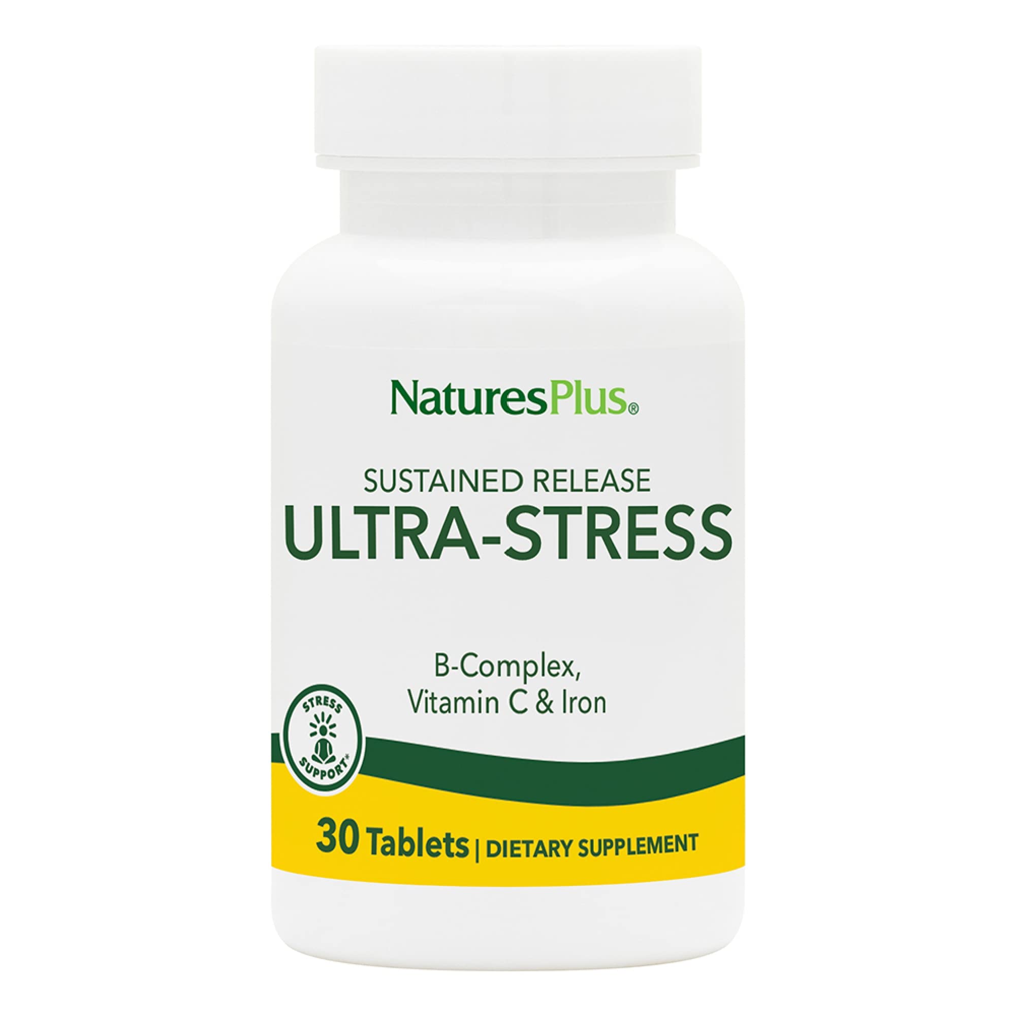 NaturesPlus Ultra-Stress avec fer, bouteille, idéale pour favoriser détente et énergie tout au long de la journée.