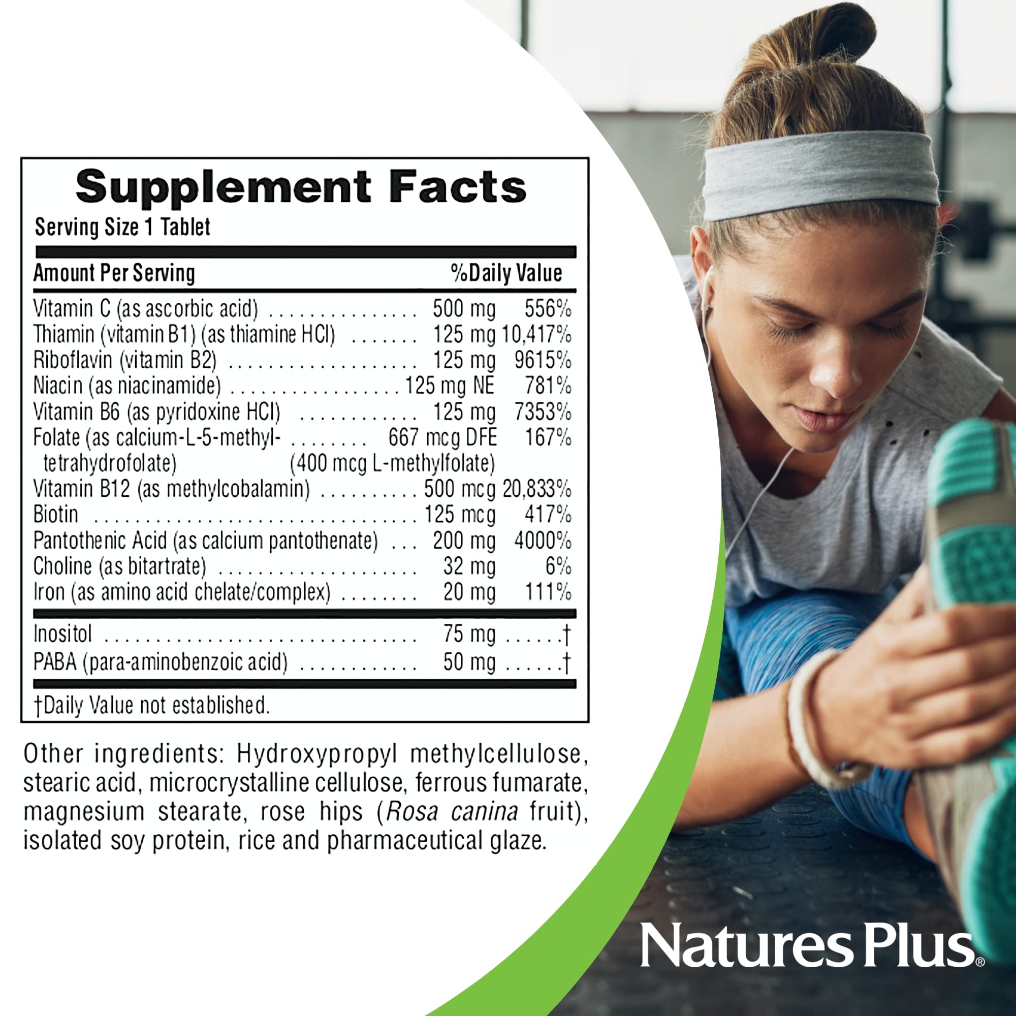 NaturesPlus Ultra-Stress avec fer, complexe B et vitamine C pour un apport nutritionnel équilibré.
