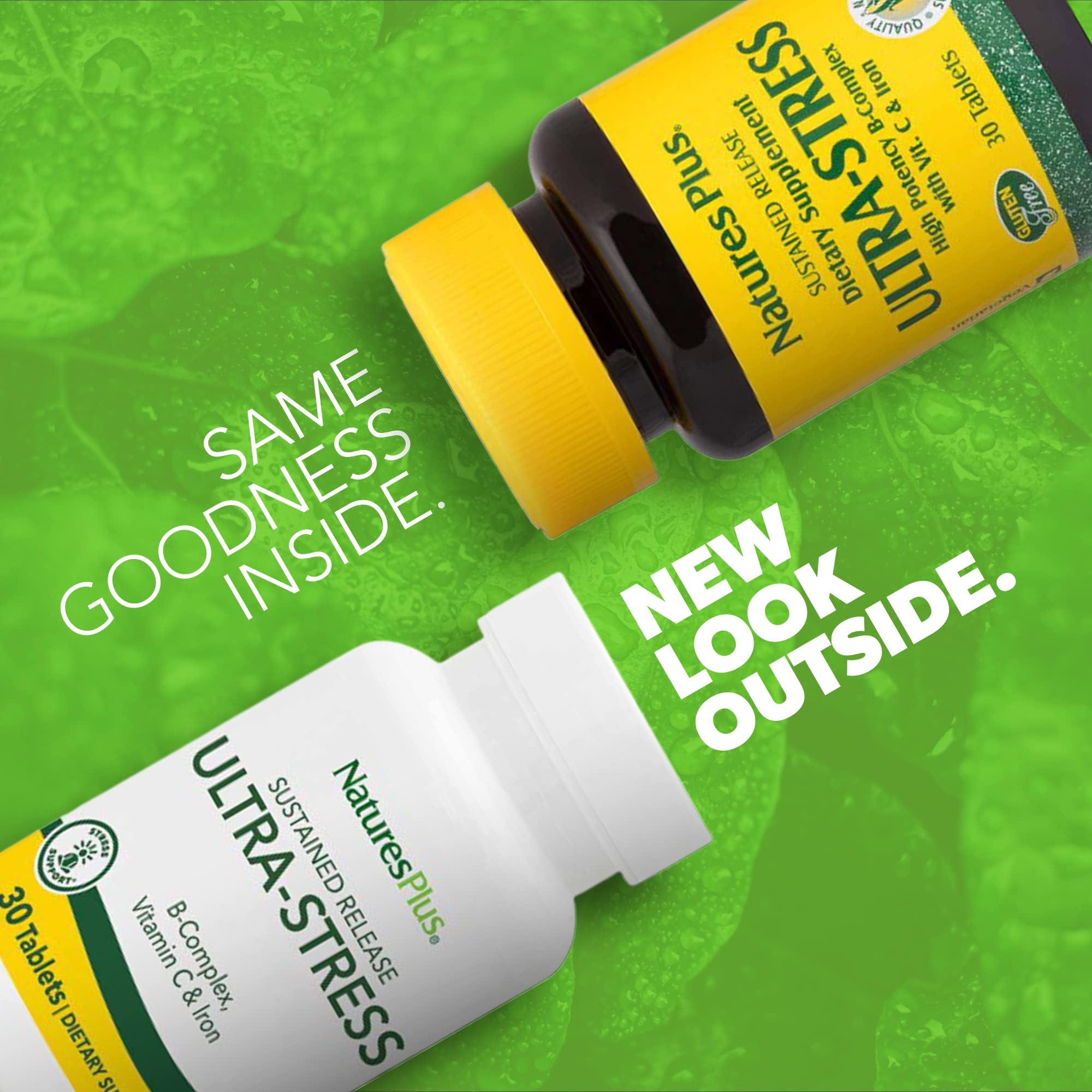NaturesPlus Ultra-Stress avec fer, etiquette, montre l'étiquette sans allergènes et sans colorants artificiels.