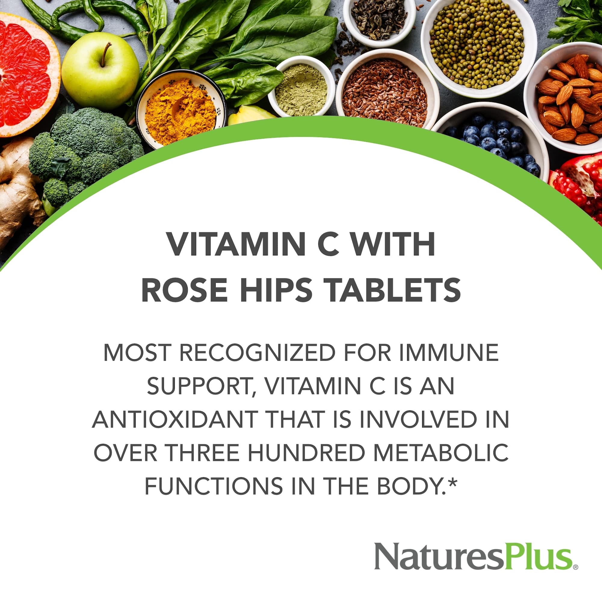 NaturesPlus Vitamin C 1000 mg Rose Hips libération prolongée, énergie soutenue.