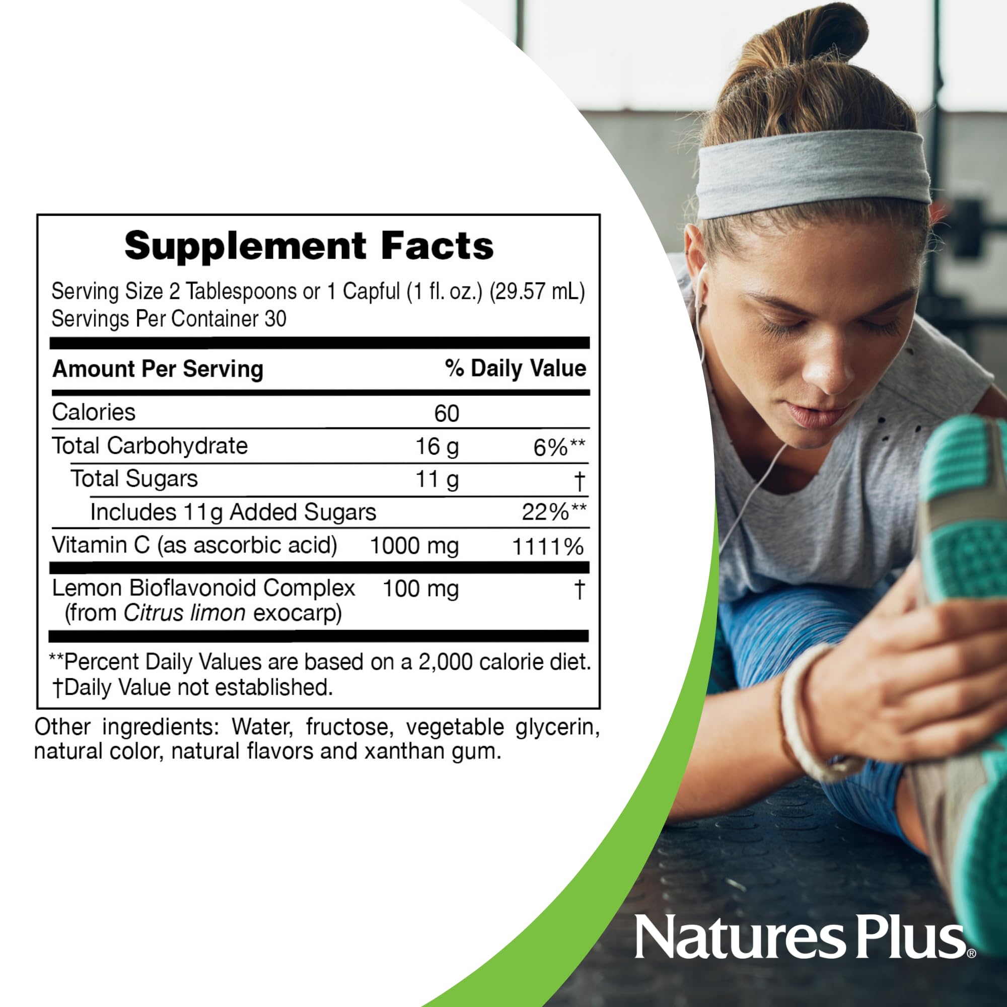 NaturesPlus Vitamine C liquide, arôme citron, pratique dans les boissons.
