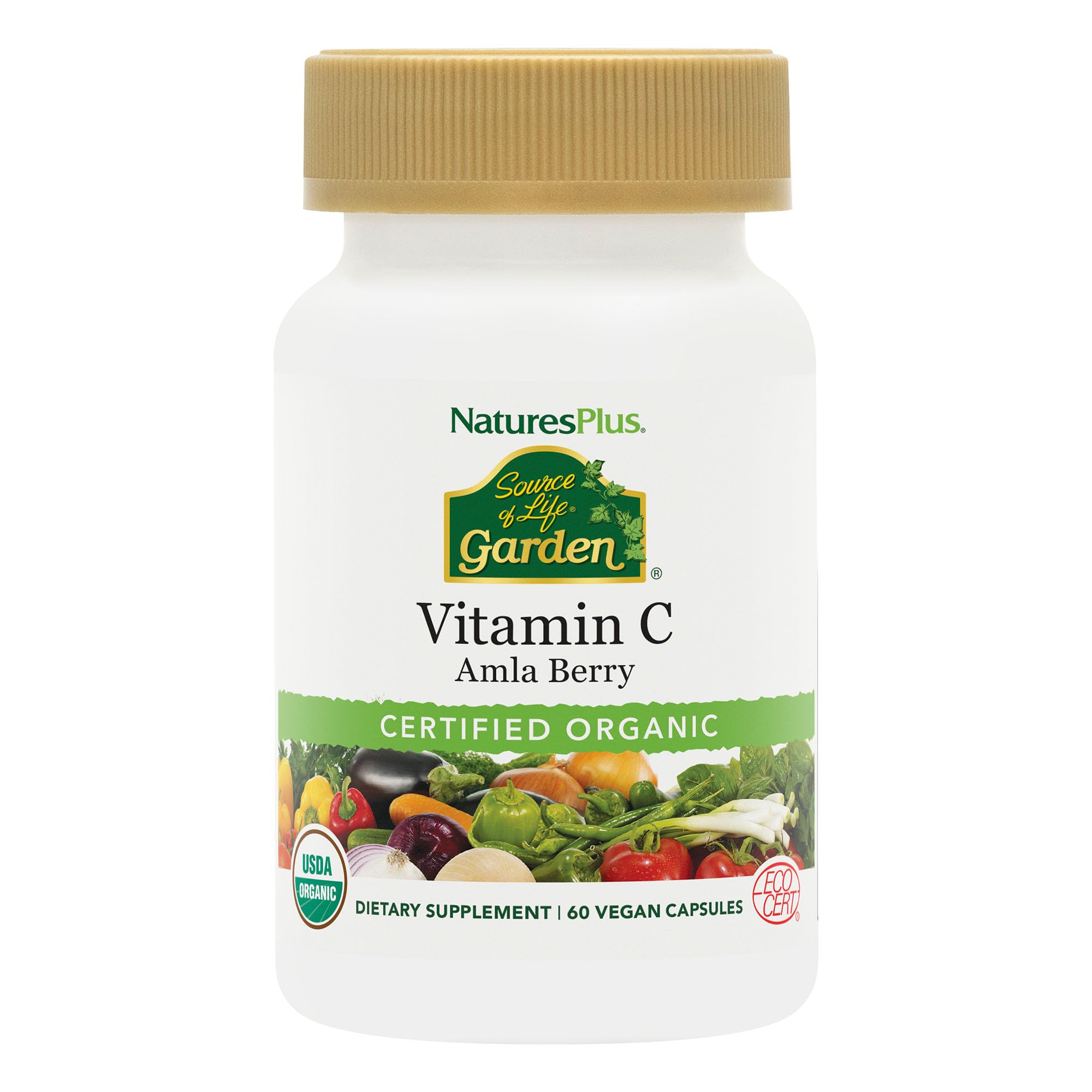 NaturesPlus Source de Vie Jardin vitamine C, bouteille, soutien immunitaire naturel.