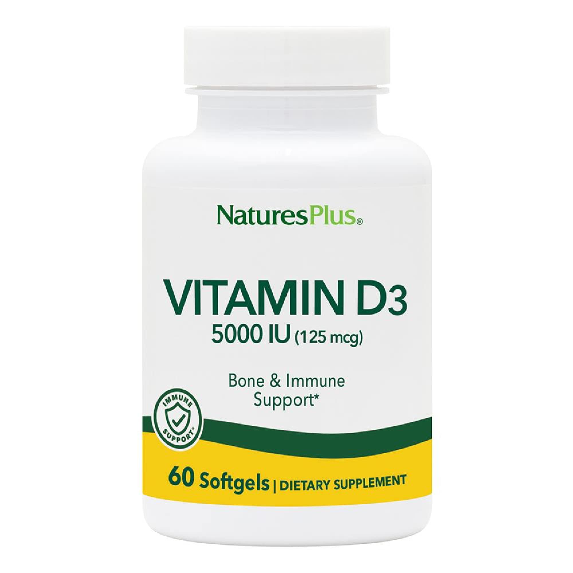 NaturesPlus vitamine D3 5000 UI bouteille, apport quotidien pratique.