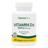 NaturesPlus vitamine D3 5000 UI bouteille, apport quotidien pratique.