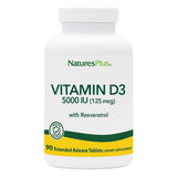 NaturesPlus Vitamine D3 5000 UI, bouteille véganes et comprimés visibles.