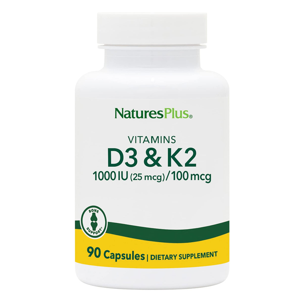 NaturesPlus D3-K2 — bouteille, soutien potentiel à la santé osseuse et immunitaire.