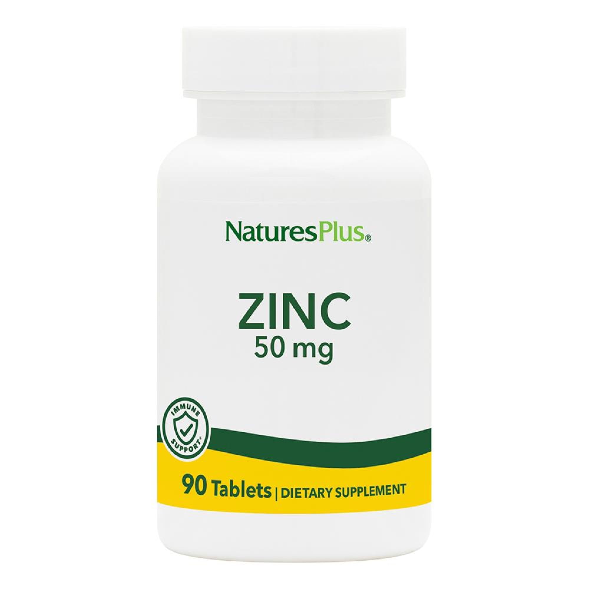 NaturesPlus Zinc 50 mg, bouteille-tablettes prête à soutenir l'immunité quotidienne.