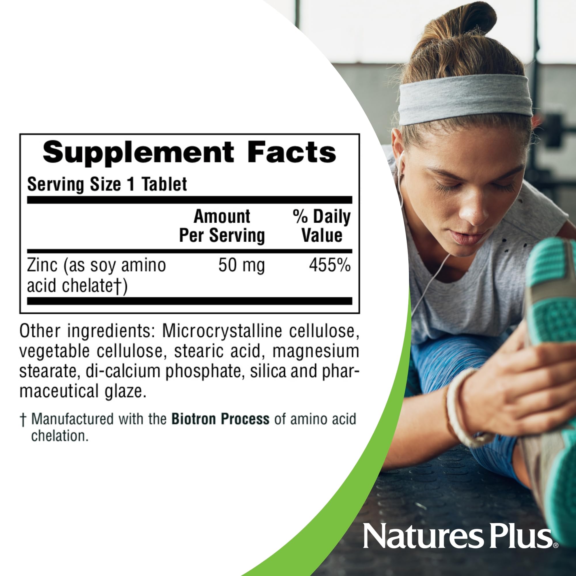 NaturesPlus Zinc 50 mg, emballage renouvelé soutenant la routine immunitaire.