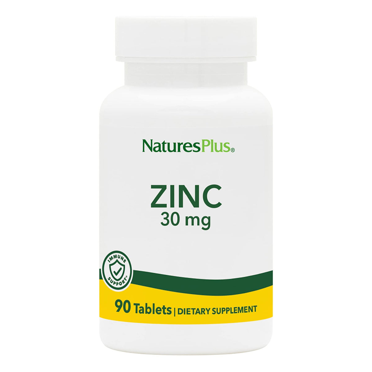 NaturesPlus zinc comprimés 30 mg, boîte: soutien immunitaire potentiel et absorption optimisée.