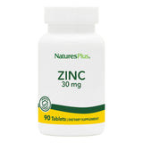 NaturesPlus zinc comprimés 30 mg, boîte: soutien immunitaire potentiel et absorption optimisée.