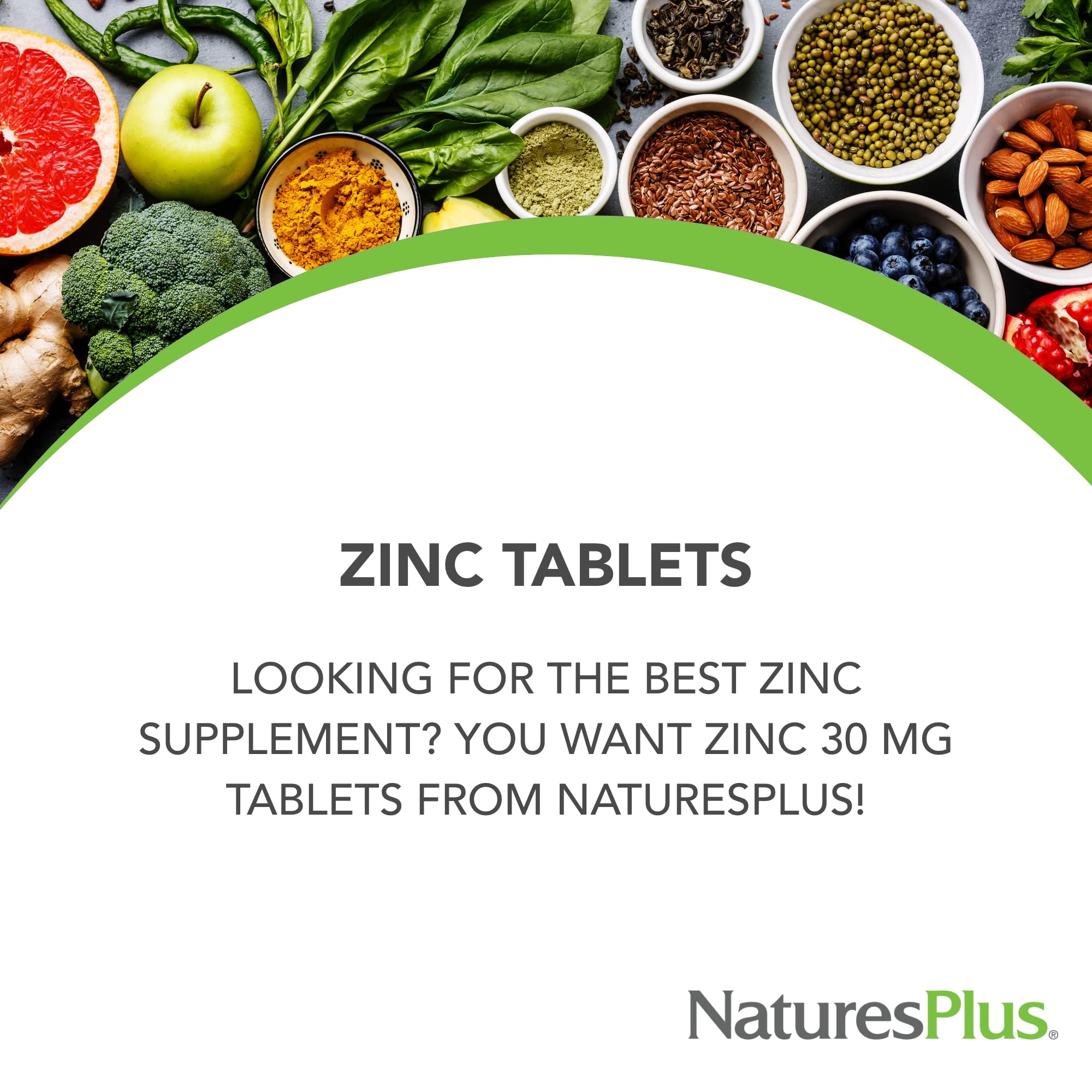 NaturesPlus zinc comprimés 30 mg, étiquette: formulation végétarienne et sans gluten.