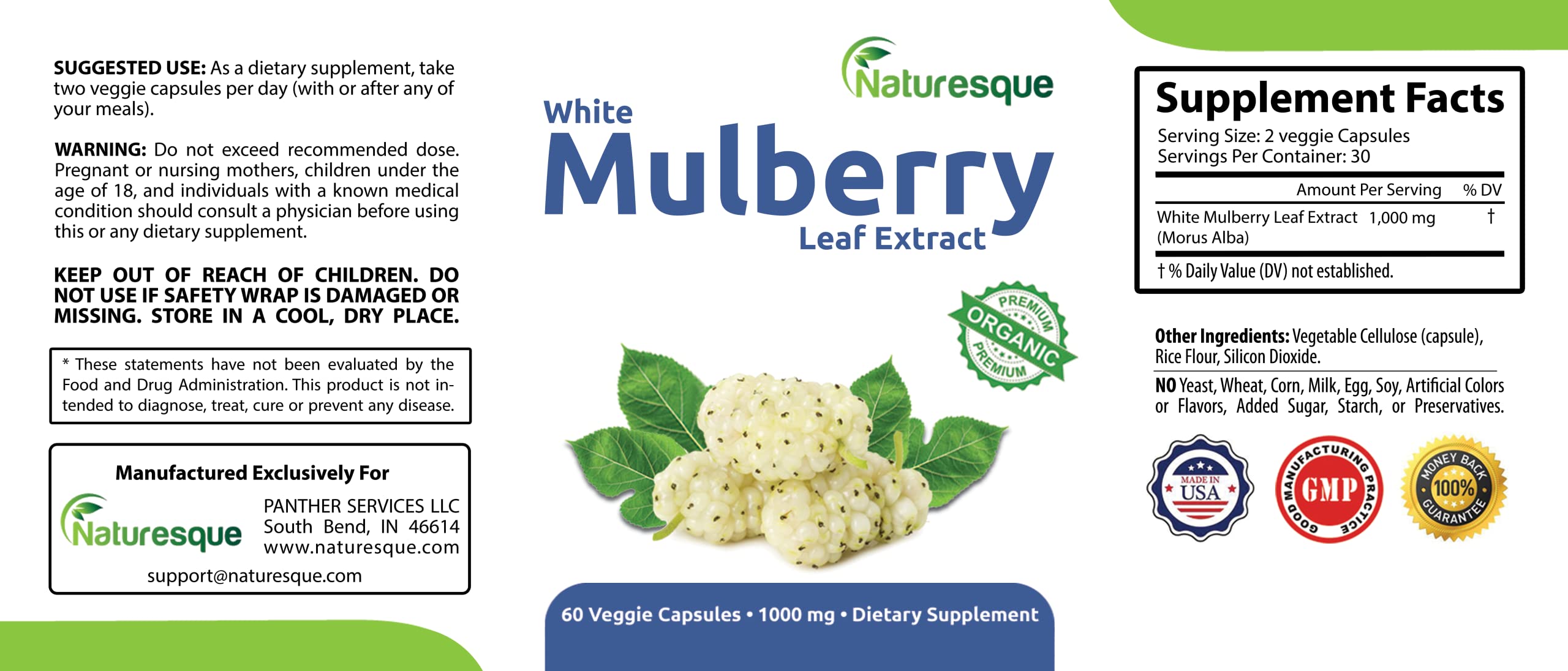 Naturesque Extrait de feuilles de mûrier — dosage 1000 mg par capsule pour plus de commodité.