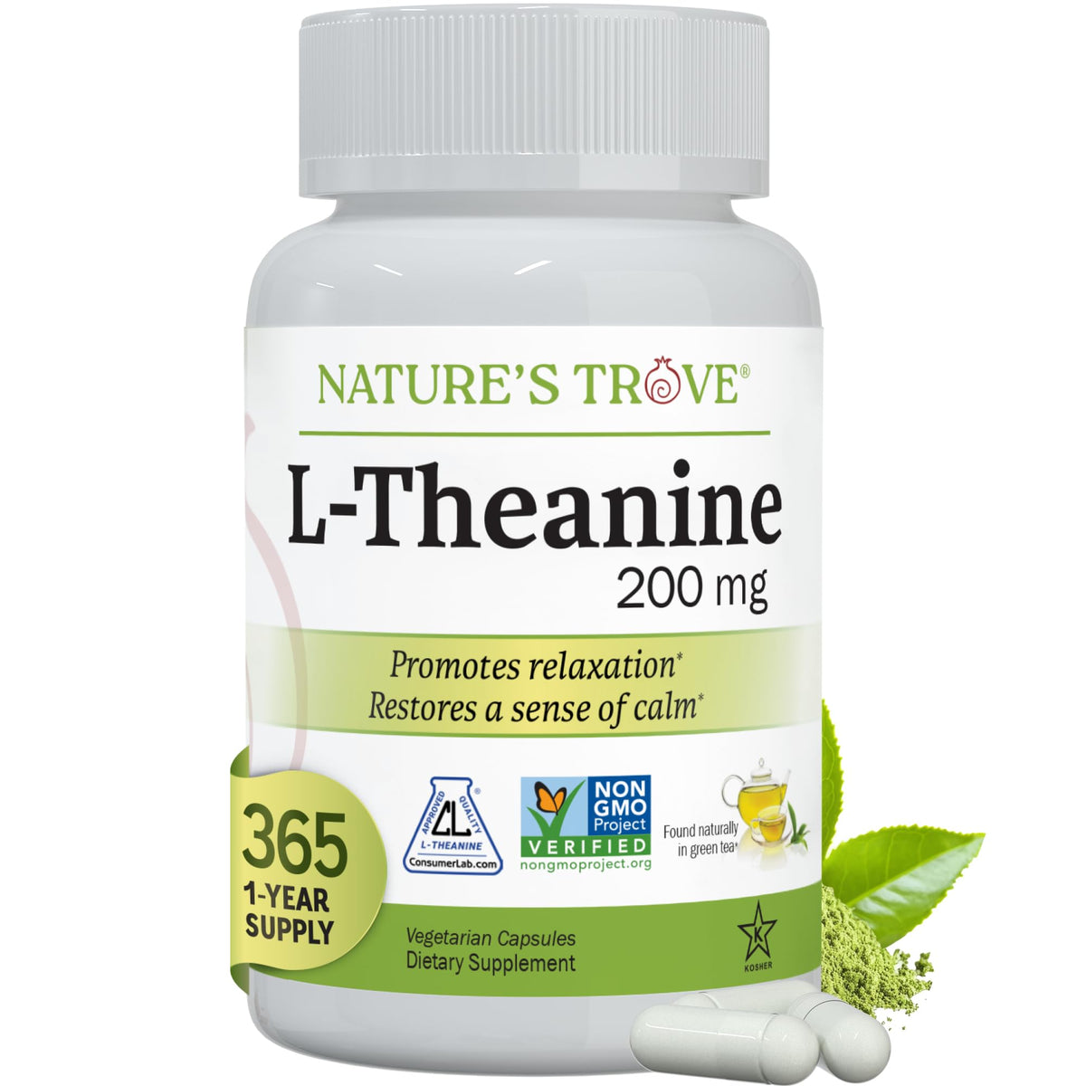 Nature's Trove L-Theanine, bouteille 365 capsules, pratique pour une routine quotidienne.
