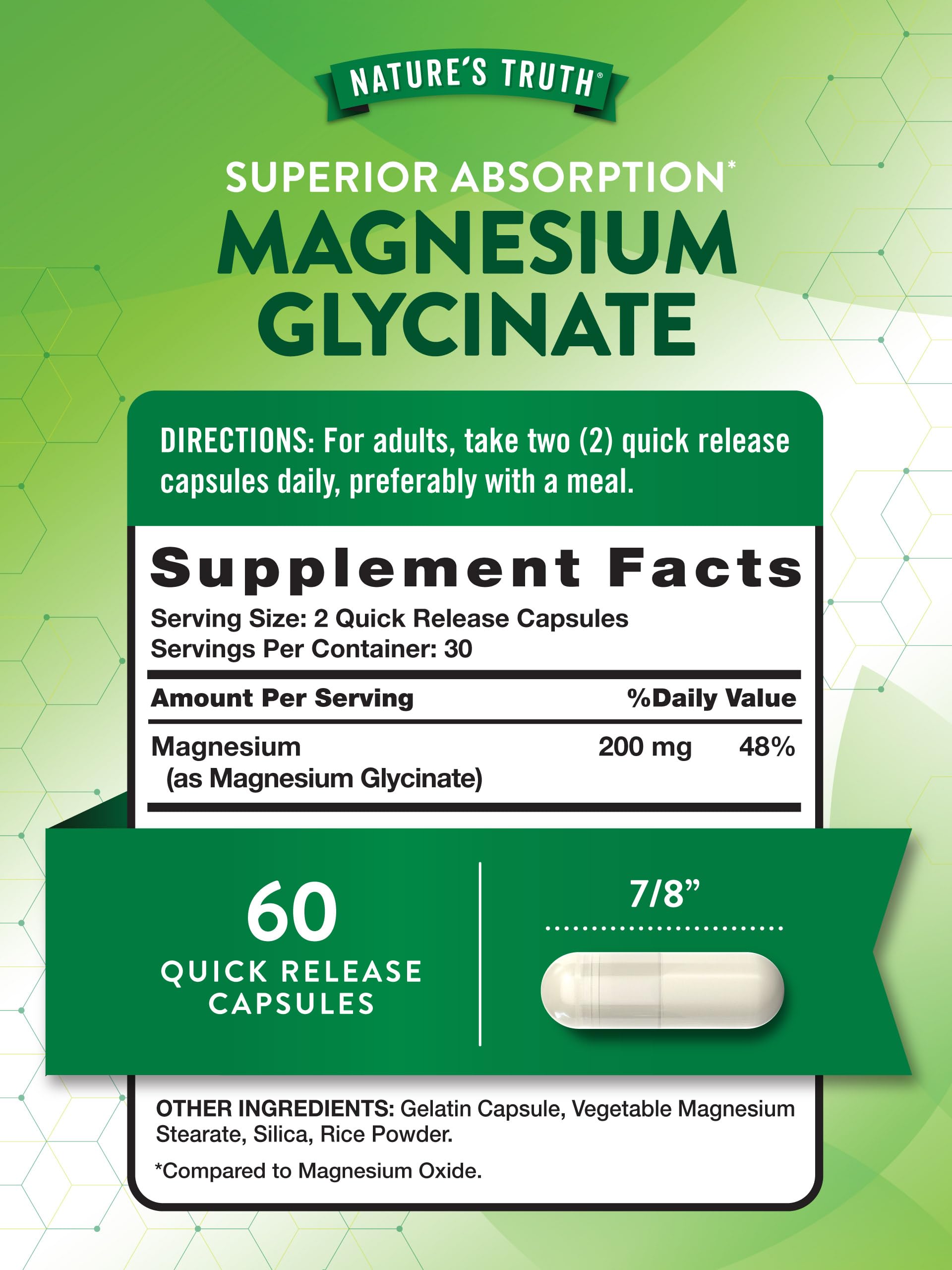 Étiquette Nature's Truth Magnésium Glycinate sans gluten et sans OGM.