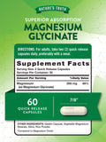 Étiquette Nature's Truth Magnésium Glycinate sans gluten et sans OGM.