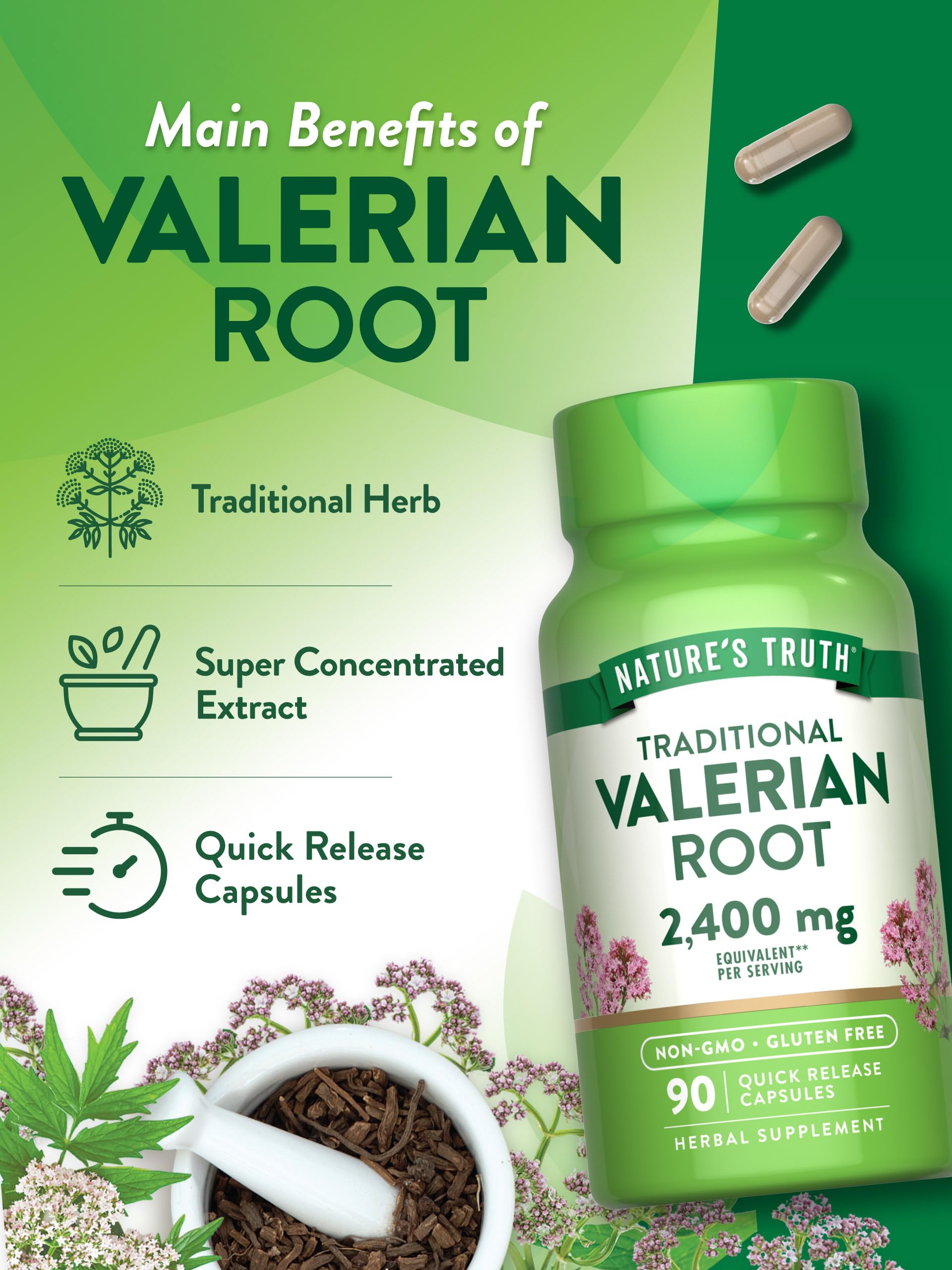 Nature's Truth Valériane : gélules faciles à avaler, utilisation quotidienne pratique