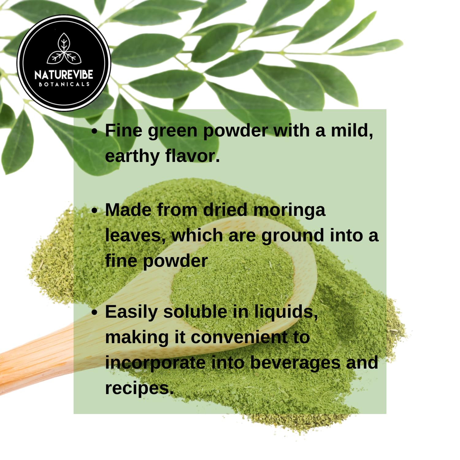 Feuilles de moringa Naturevibe Botanicals, poudre prête à ajouter dans boissons.