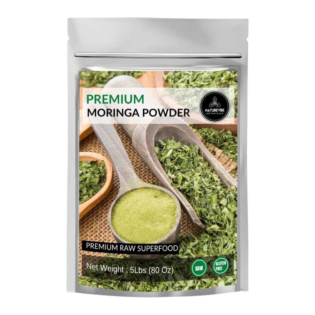Poudre de moringa Naturevibe Botanicals 5 lb, riche en protéines et vitamine C.
