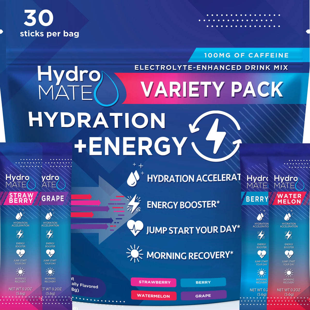HydroMATE pochettes électrolytes, saveurs variées, pratique pour déplacements.