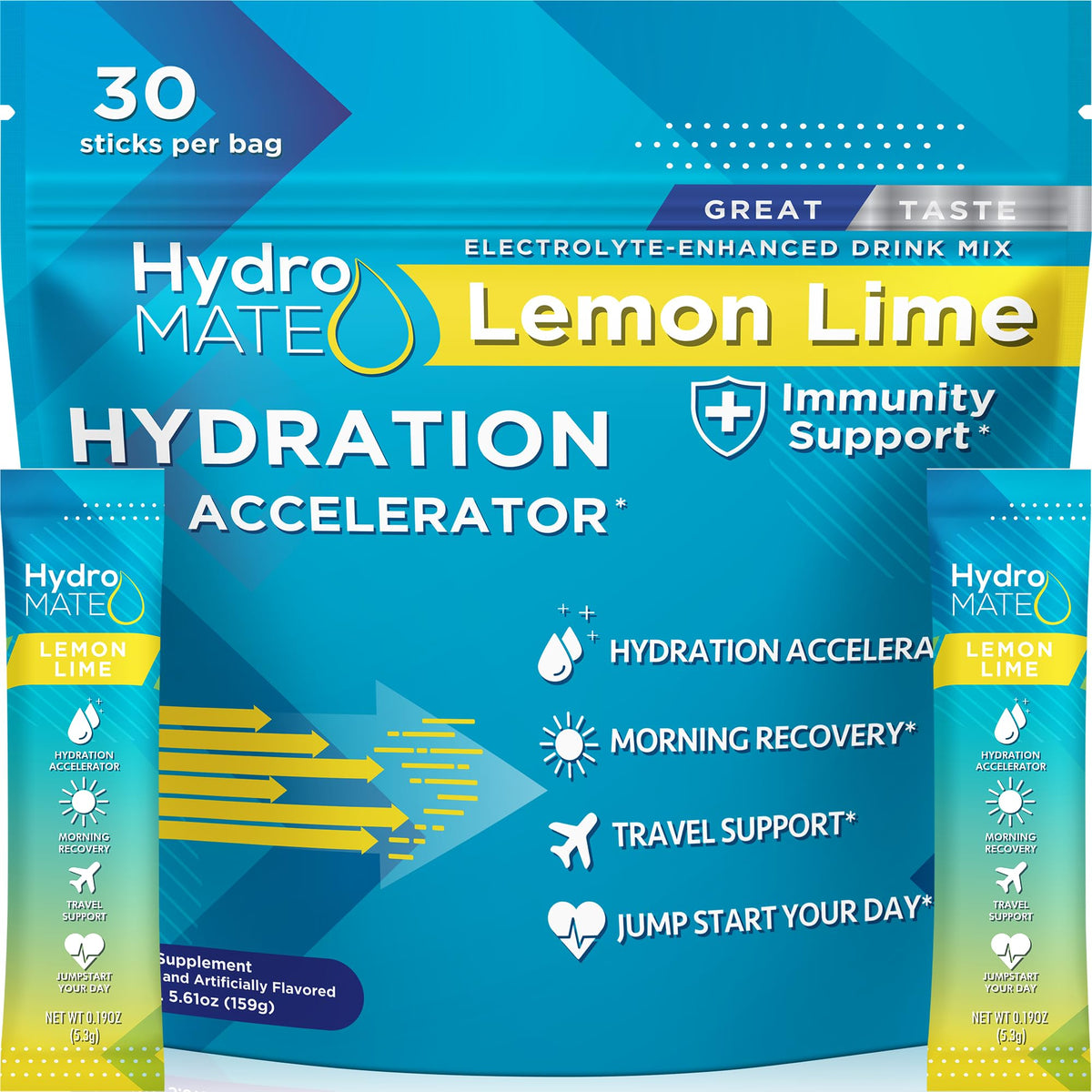 NatureWorks HydroMATE poudre électrolyte citron-lime, paquets pratiques pour rester hydraté en déplacement