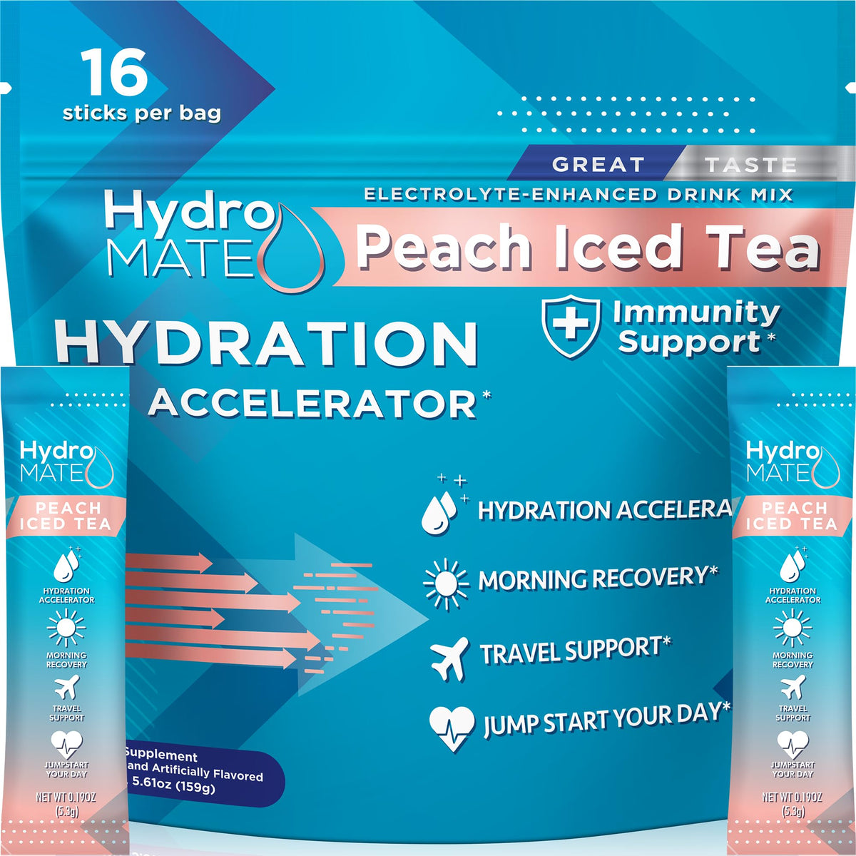 HydroMATE NatureWorks – sachets d'électrolyte thé à la pêche, hydratation pratique.