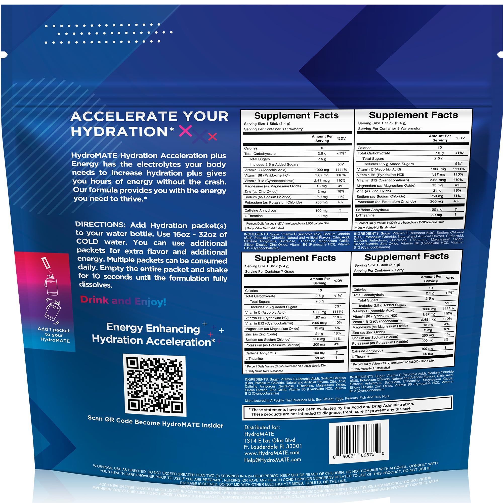 HydroMATE sachets faibles en sucre, 2,5 g par portion.