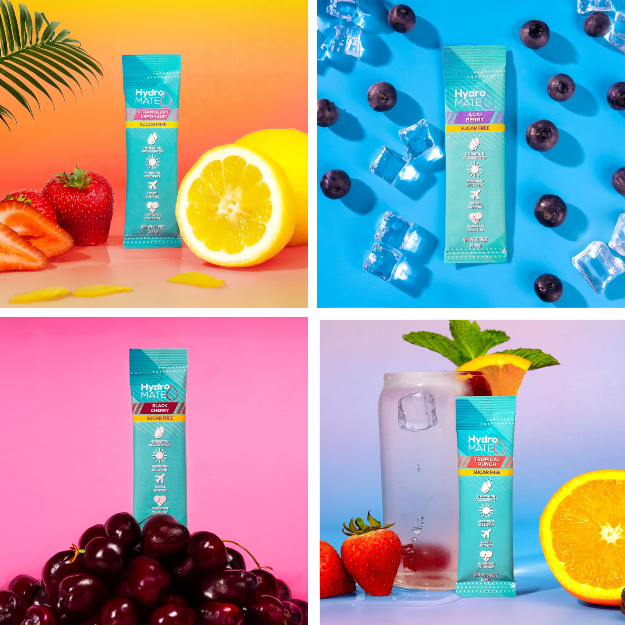 HydroMATE NatureWorks, variété de gouts fruits pour hydratation en déplacement.