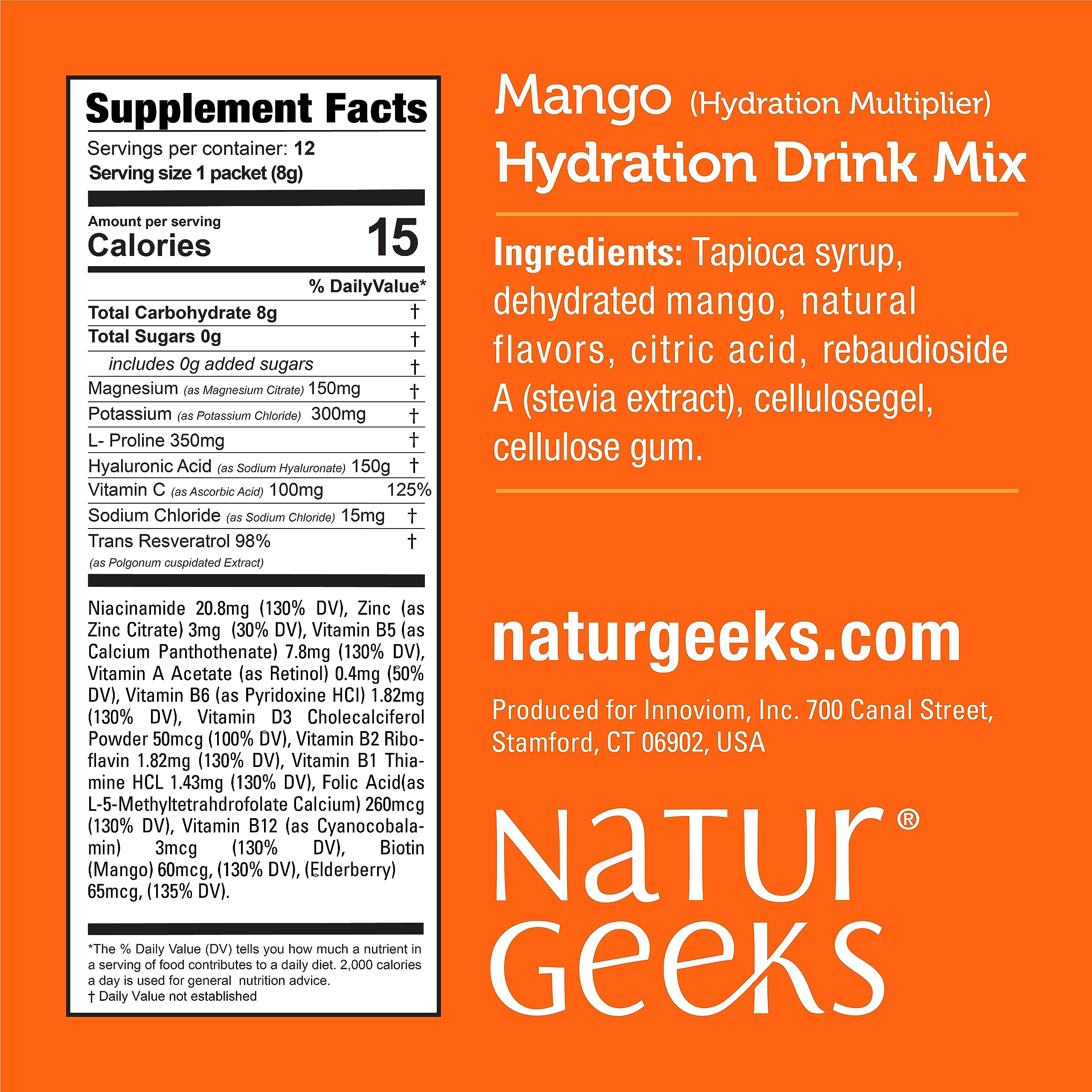 NutraGeeks sachet hydratation quotidienne mangue et sureau, pratique en déplacement.