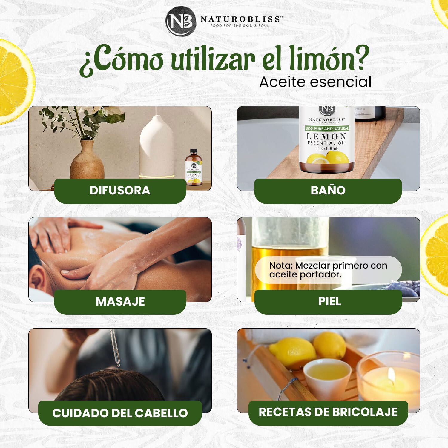 NaturoBliss huile citron: bouteille en verre ambré protégeant l'huile.