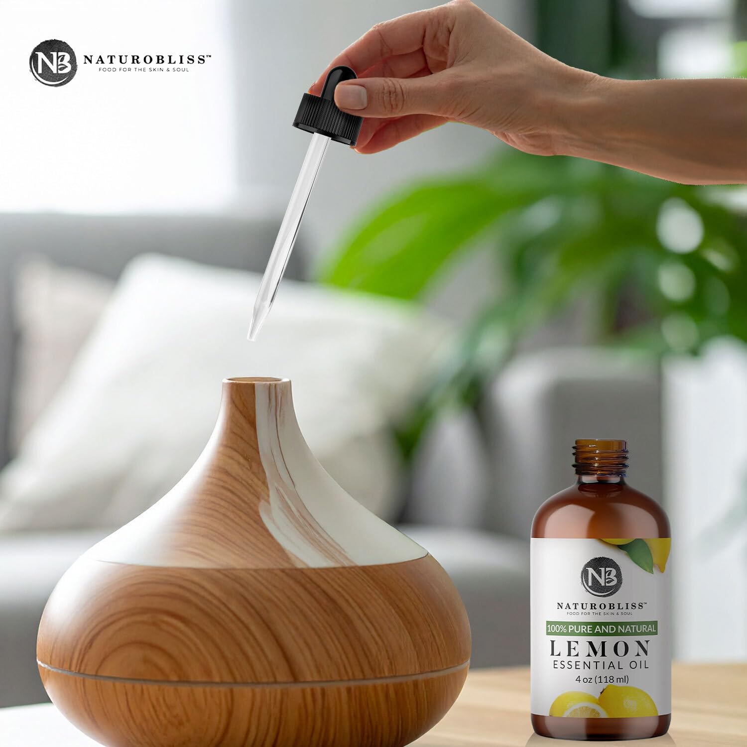 NaturoBliss huile citron: contrôle qualité indépendant certifié sur l'emballage.