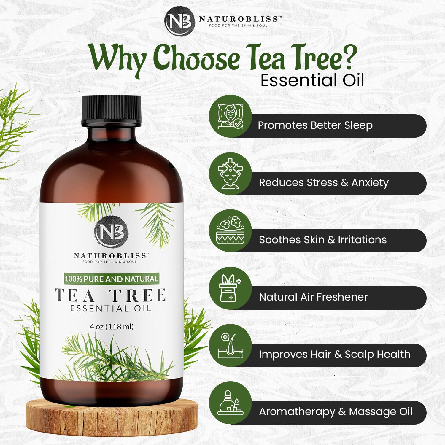 NaturoBliss Tea Tree — emballage sûr autour de la bouteille.