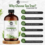 NaturoBliss Tea Tree — emballage sûr autour de la bouteille.