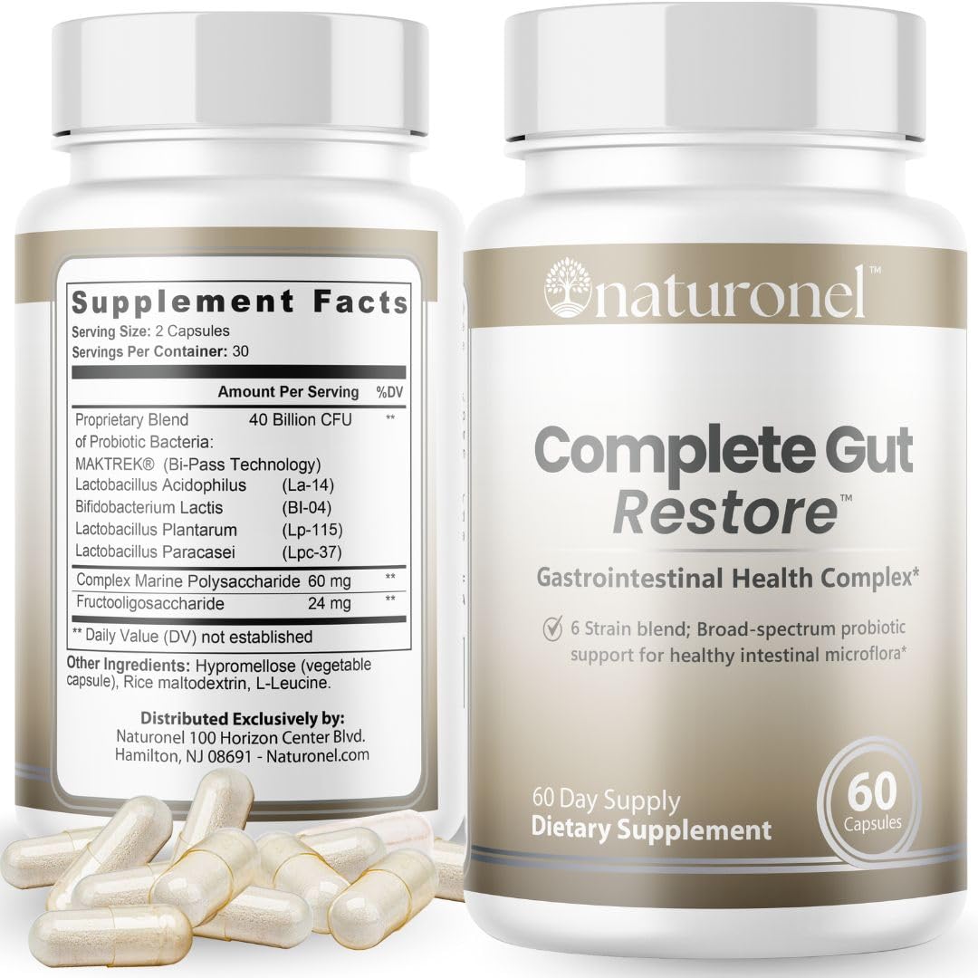 Naturonel Complete Gut Restore – bouteille, capsules faciles à avaler pour le soutien digestif.