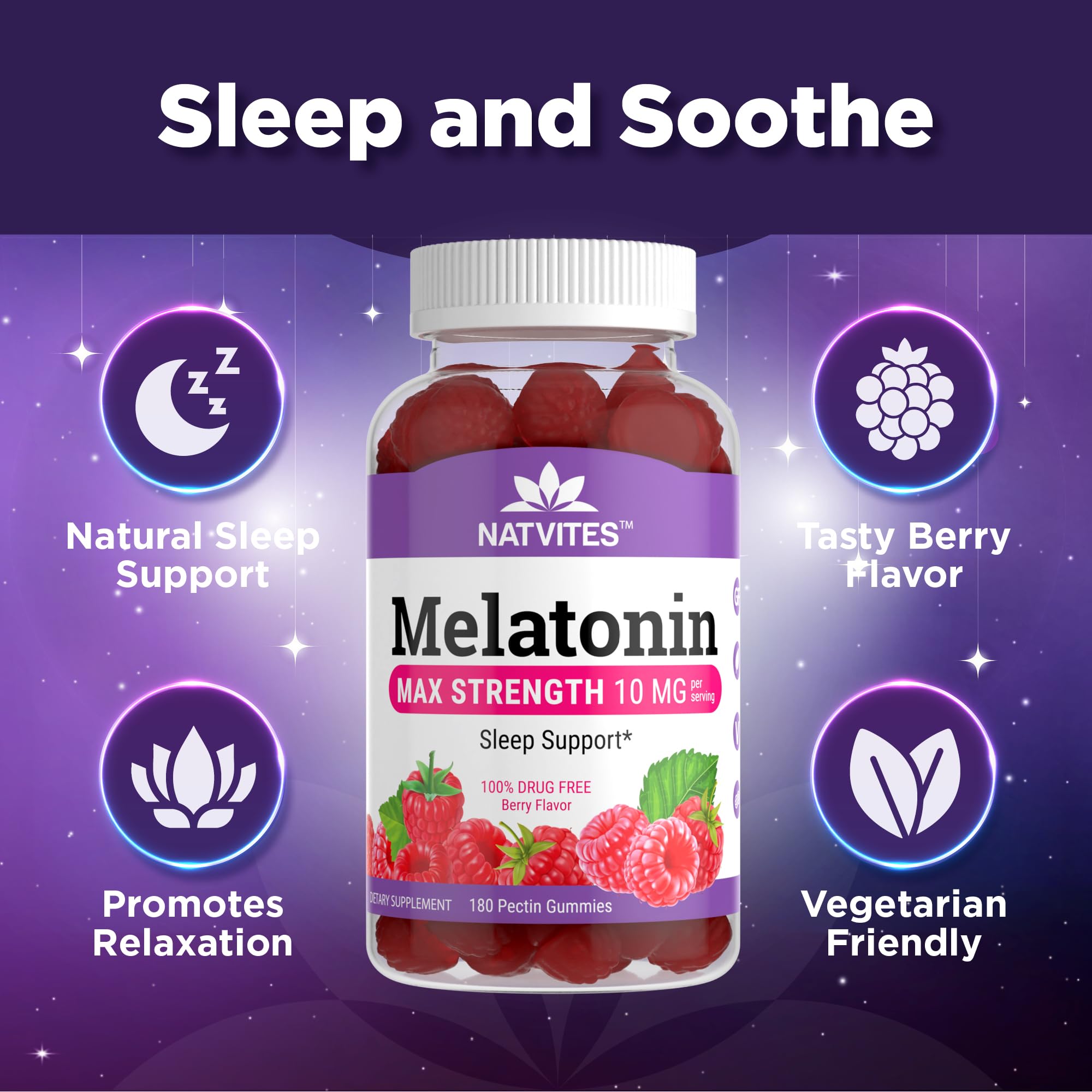Gommes Natvites mélatonine, arôme fruits rouges, rituel nocturne agréable.