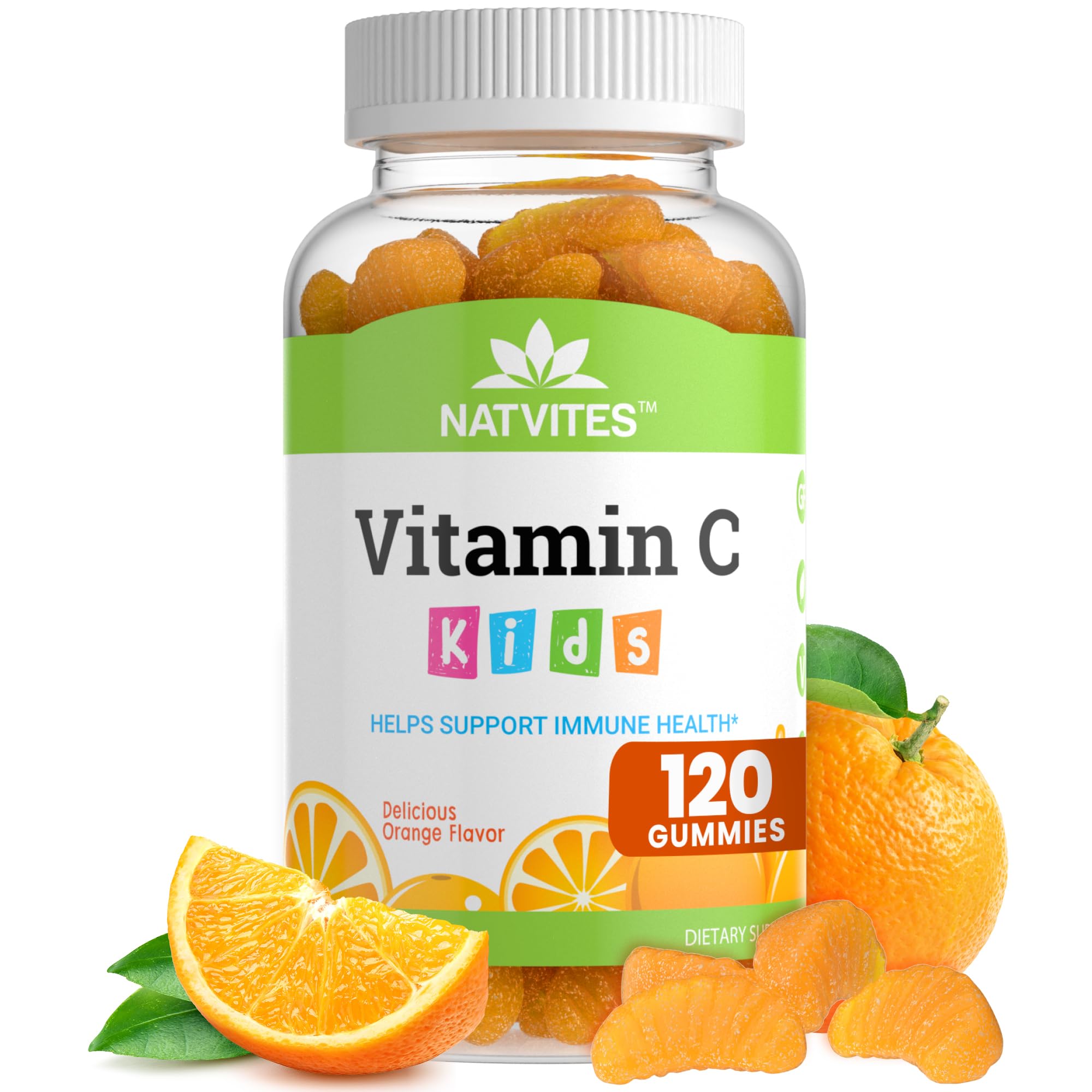Gommes Natvites Vitamine C en bouteille pour le soutien immunitaire potentiel des enfants.