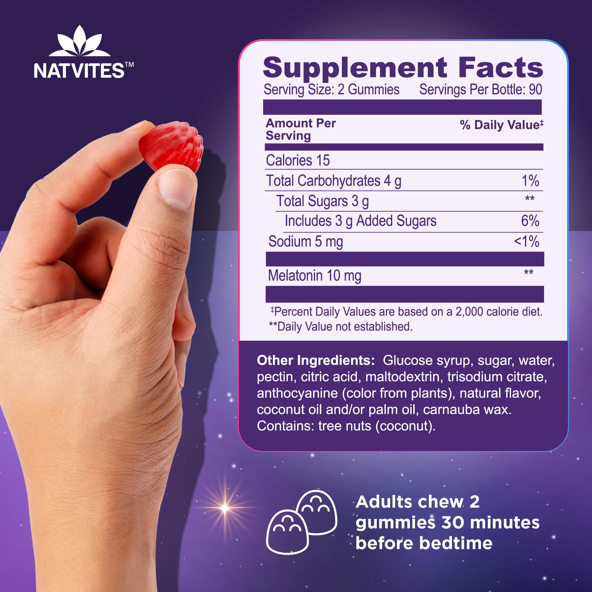 Gomme Natvites mélatonine 10 mg, pectine naturelle et végétarienne.
