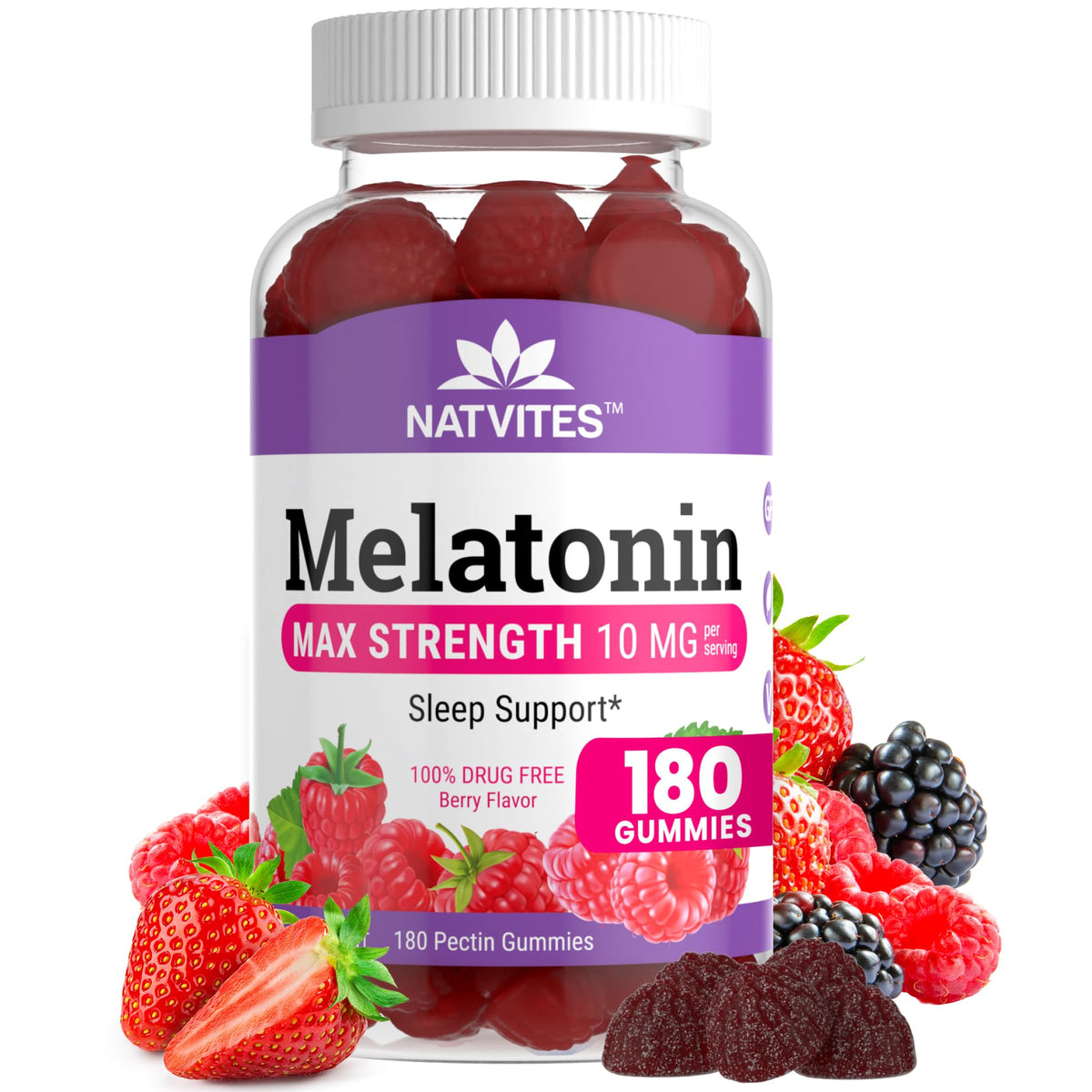 Natvites mélatonine gommes 10 mg dans la bouteille, prêt pour le coucher.